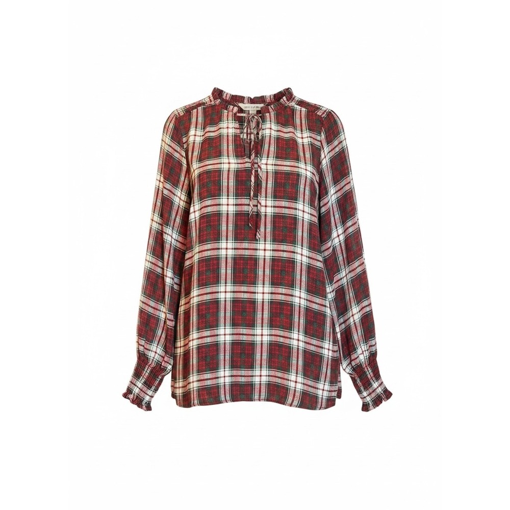 Loft Red Green Plaid Ruffle Neck Tie Front Smocked Cuff Blouse Top Medium